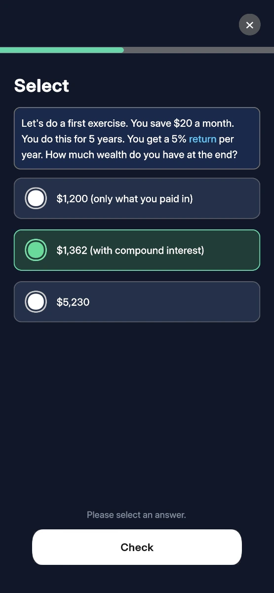 Percy app: a compound interest exercise with three answer options